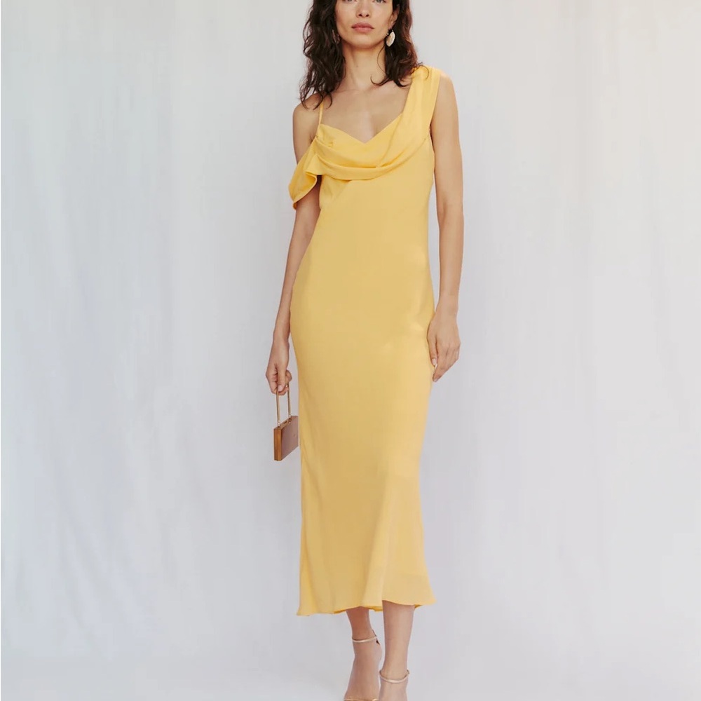 Reformation Reya Yellow One Shoulder Midi Dress